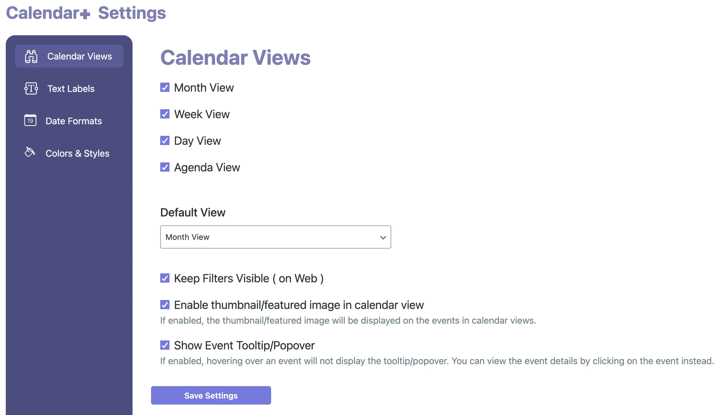 Calendar+ Calendar View Settings.