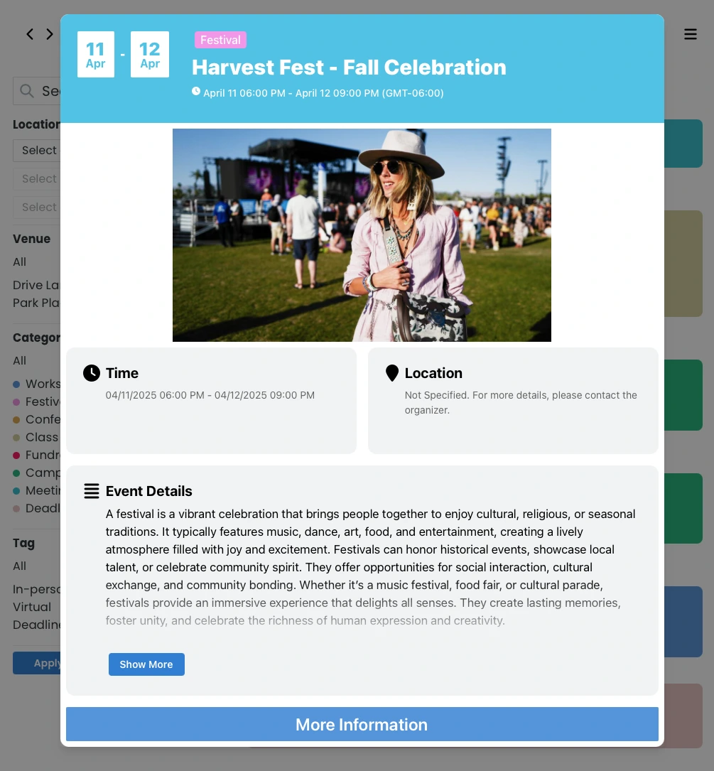 Calendar+ Month View Desktop Modal Popup.